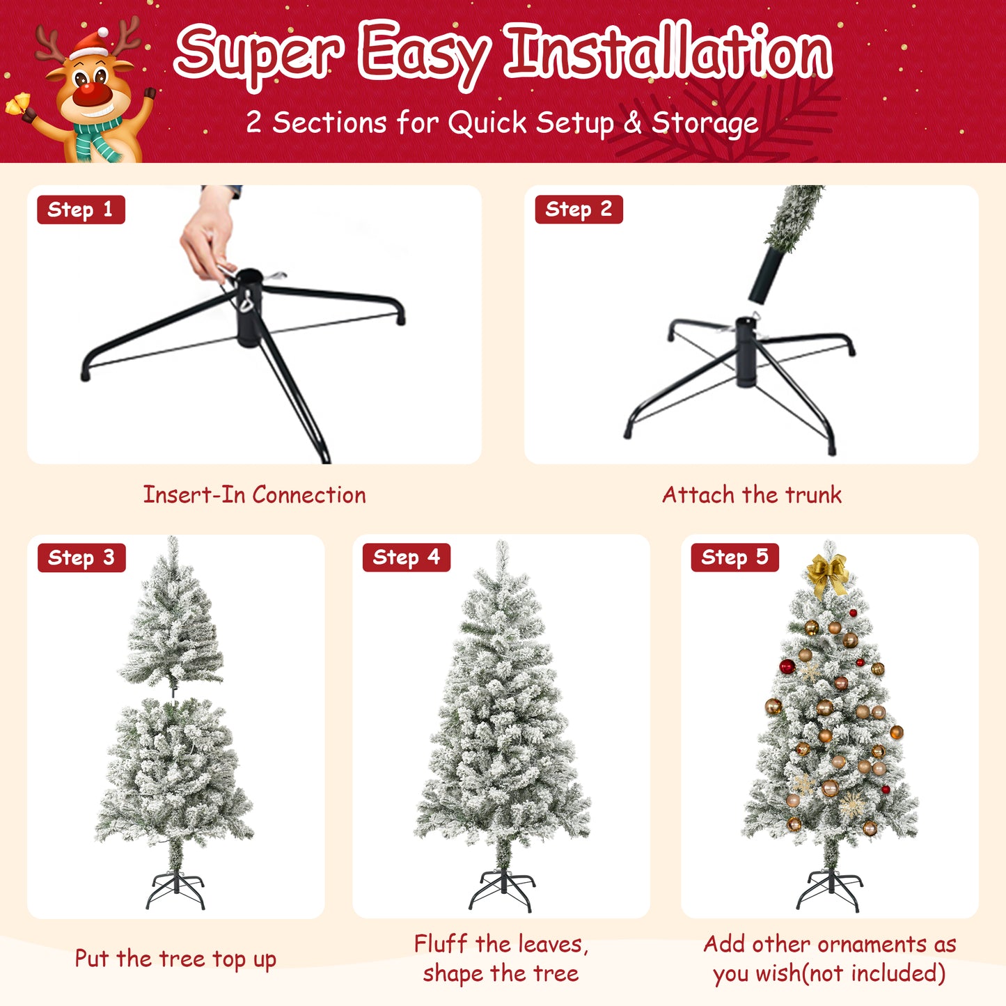 Qunler 4FT Pre-Lit Flocked Christmas Tree with 360 Branch Tips, Snow Artificial Xmas Tree with 100 LED Lights for Holiday, Outdoor, Indoor, Home