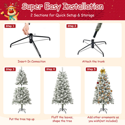 Qunler 4FT Pre-Lit Flocked Christmas Tree with 360 Branch Tips, Snow Artificial Xmas Tree with 100 LED Lights for Holiday, Outdoor, Indoor, Home