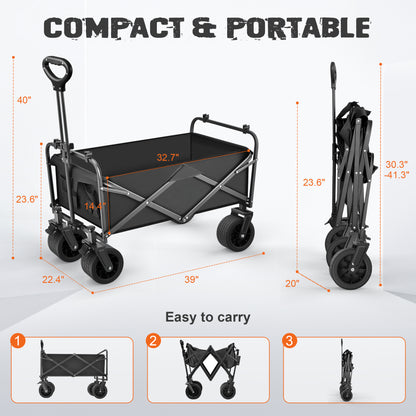 Large Collapsible Folding Wagon, 440 lbs Heavy Duty Big Bucket Utility Garden Cart with Oversized Wheels for Sports, Shopping, Camping, Black