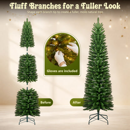7ft Pre-Lit Pencil Christmas Tree, 663 Tip Artificial Xmas Tree with 250 Dual-Color LEDs, 10 Lighting Modes, Metal Stand, Green