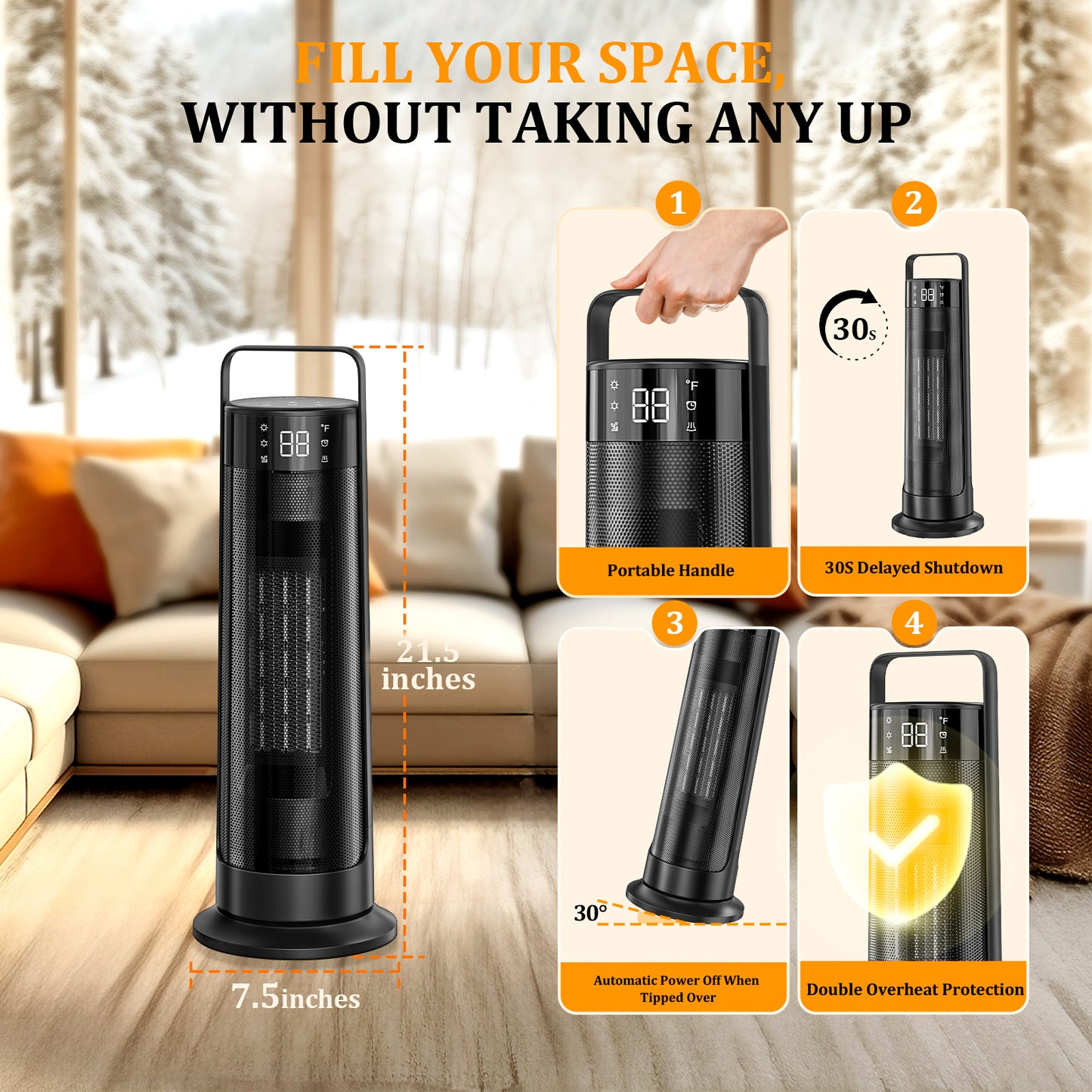 21" Space Heaters for Indoor Use, 1500W Fast Heating 50° Oscillating Portable Electric PTC Ceramic Heater, with Thermostat, Overheat Protection, 12H Timer, 3 Modes, Black