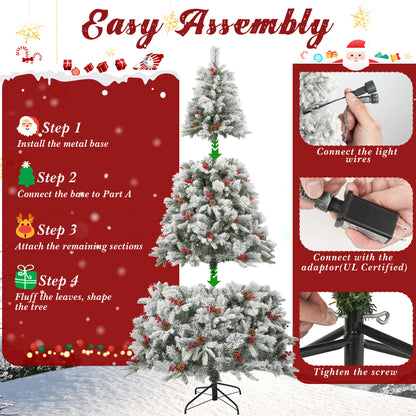Qunler Pre-Lit Snow Flocked Christmas Tree, 7.5ft Artificial Snowy Pine Tree with 8 LED Light Modes & Sturdy Metal Base, Ideal for Home Office Party Xmas Holiday Decorations