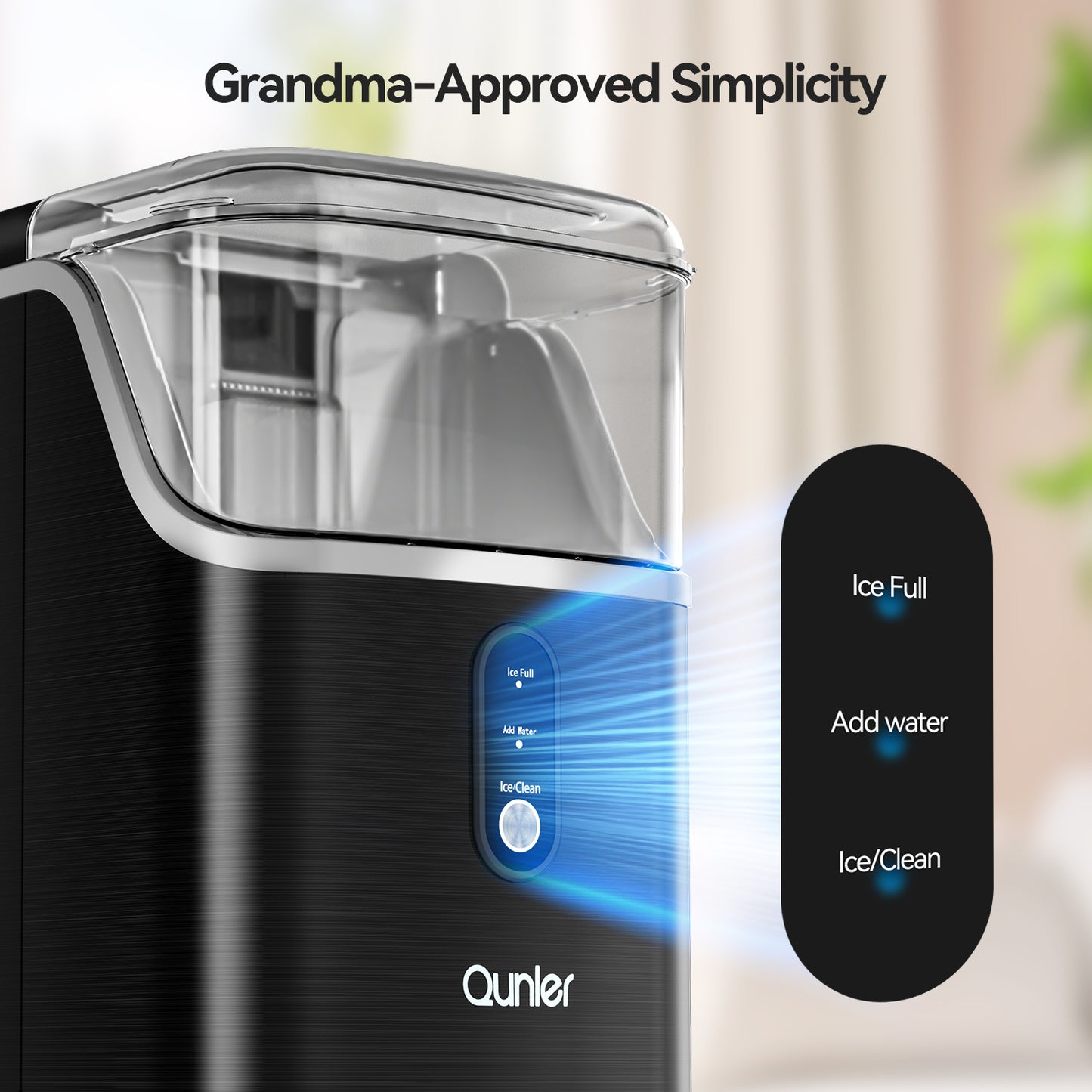 Qunler Nugget Ice Maker Countertops, 33lbs Per Day Portable Pebble ice machine, Crushed Sonic ice maker with Soft Chewable Ice for Home, Party, RV, Camping, Stainless Steel Black