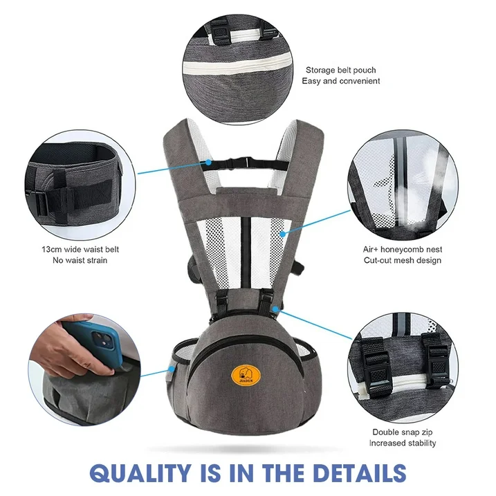 Baby Carrier, 6-in-1 Ergonomic Baby Carrier with Hip Seat Diaper Pocket Front and Back Baby Sling with Waist Stool Lumbar Support for Breastfeeding Newborn to Toddler, Up 50lbs (Gray)