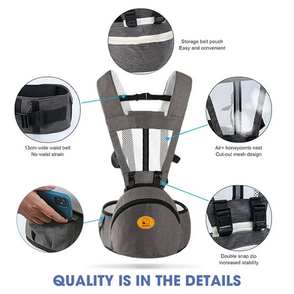 Baby Carrier, 6-in-1 Ergonomic Baby Carrier with Hip Seat Diaper Pocket Front and Back Baby Sling with Waist Stool Lumbar Support for Breastfeeding Newborn to Toddler, Up 50lbs (Gray)