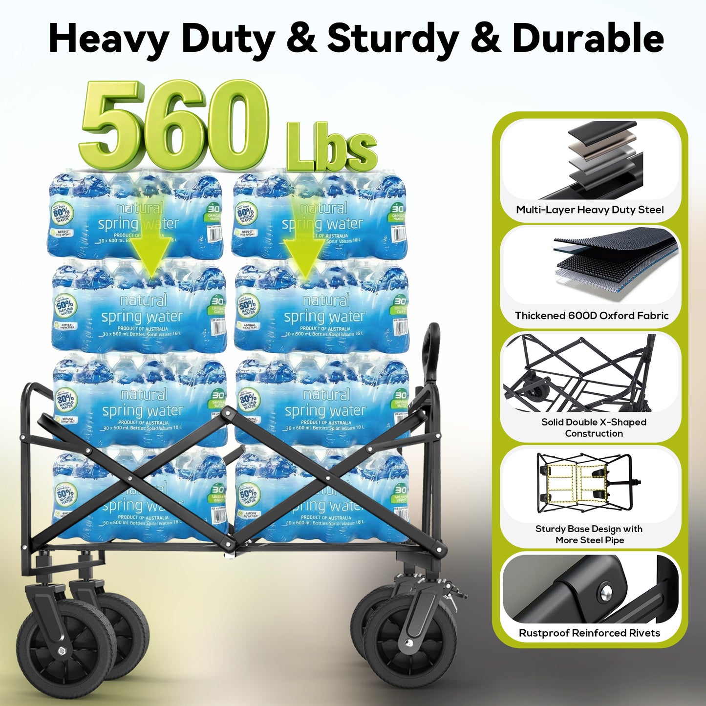 Qunler 560lbs Large Collapsible Folding Wagon with Oversized Tank Wheels, Heavy Duty Big Bucket Utility Garden Cart with Side Pocket for Sports, Shopping, Camping, Kids, Black