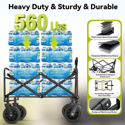 Qunler 560lbs Large Collapsible Folding Wagon with Oversized Tank Wheels, Heavy Duty Big Bucket Utility Garden Cart with Side Pocket for Sports, Shopping, Camping, Kids, Black
