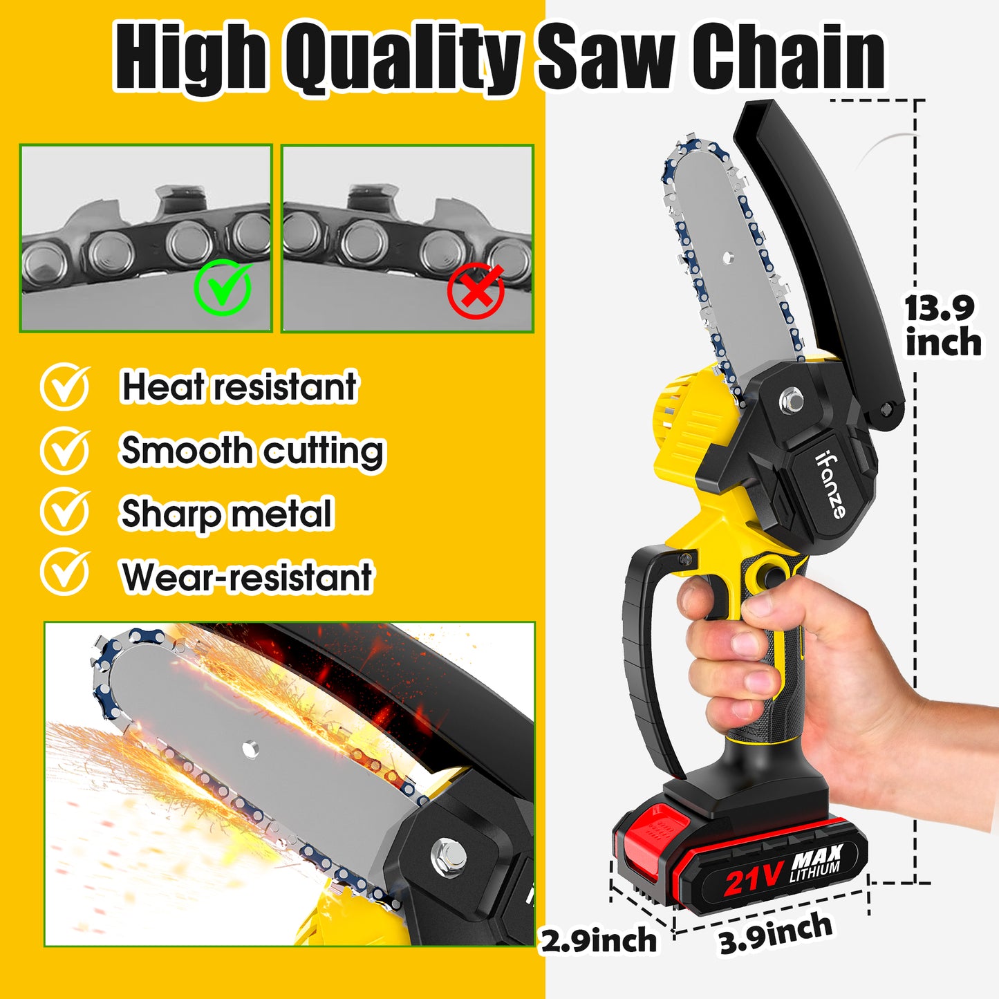 4 inch Mini Chainsaw with 2 Battery, Portable Cordless Lightweight Handled Chain Saws for Wood Cutting Tree Trimming - Black