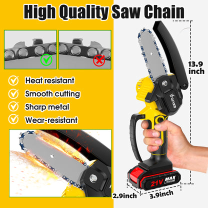 4 inch Mini Chainsaw with 2 Battery, Portable Cordless Lightweight Handled Chain Saws for Wood Cutting Tree Trimming - Black
