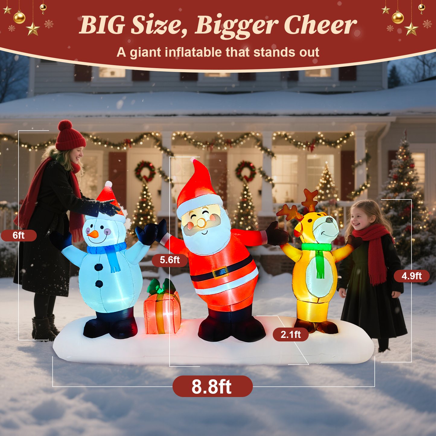 Qunler 9FT Long Santa Claus Snowman & Reindeer Group Christmas Inflatables Outdoor Decorations, Blow Up Yard Decorations with Built-in LED Lights