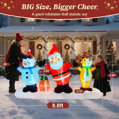 Qunler 9FT Long Santa Claus Snowman & Reindeer Group Christmas Inflatables Outdoor Decorations, Blow Up Yard Decorations with Built-in LED Lights