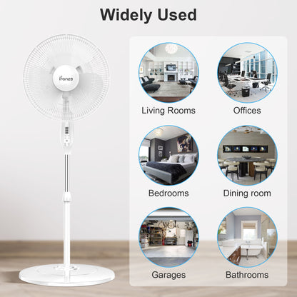 iFanze Pedestal Fan , Remote Control, Oscillating Pedestal Fan, Adjustable Height, 3 Speeds for Bedroom, Living Room, Kitchen, 16" , White
