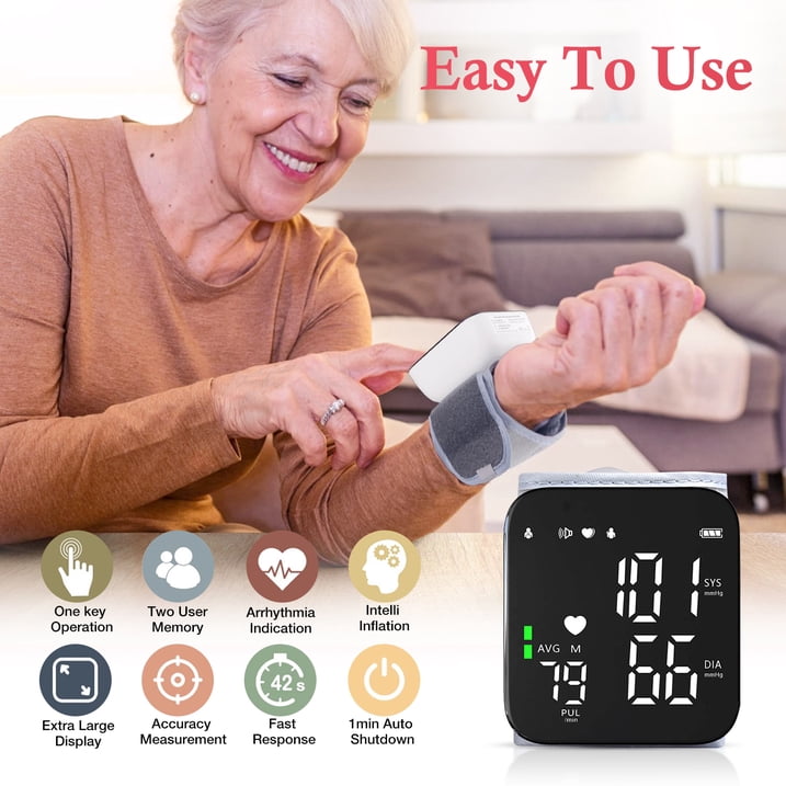 Qunler Rechargeable Wrist Blood Pressure Monitor, Portable Automatic BP Machine with Voice Broadcast and Large LCD Display, White