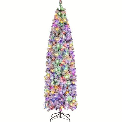 Qunler 6ft Prelit Artificial Floacked Pencil Christmas Tree with 200 Warm White & Multicolor Lights for Indoor Outdoor Christmas Holiday Decor