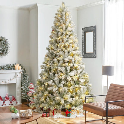 7ft Pre-Lit Snow Flocked Christmas Tree with 300 Lights 1200 Tips, posrue Hinged Artificial Holiday Christmas Pine Tree Decorations