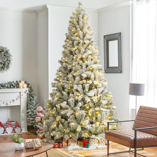 7ft Pre-Lit Snow Flocked Christmas Tree with 300 Lights 1200 Tips, posrue Hinged Artificial Holiday Christmas Pine Tree Decorations