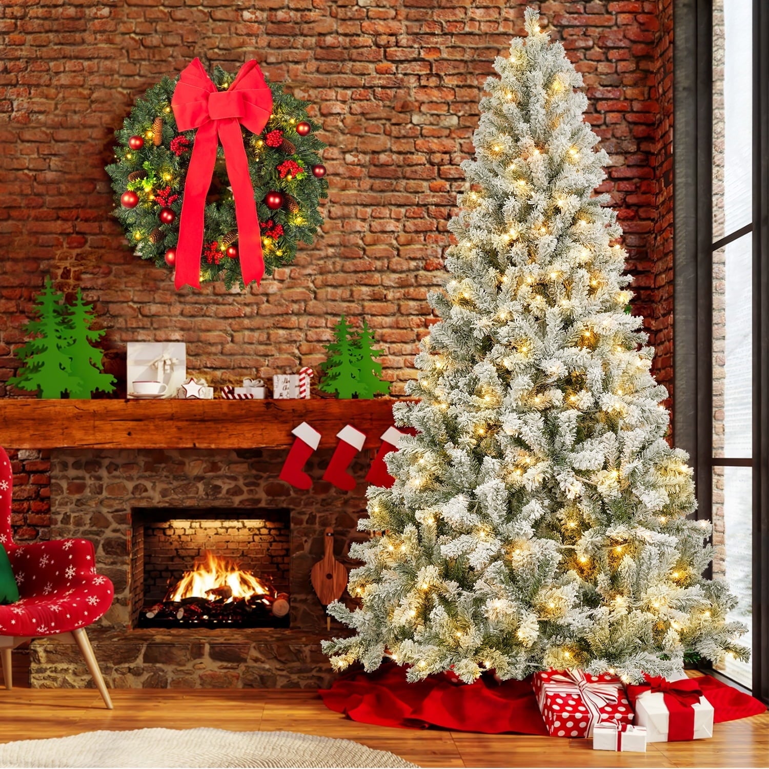 7ft Pre-Lit Snow Flocked Christmas Tree, Artificial Christmas Tree Holiday Decorations Indoor, Hinged Design, Warm White & Multicolor Lights