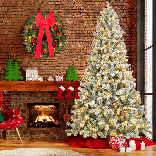 7ft Pre-Lit Snow Flocked Christmas Tree, Artificial Christmas Tree Holiday Decorations Indoor, Hinged Design, Warm White & Multicolor Lights