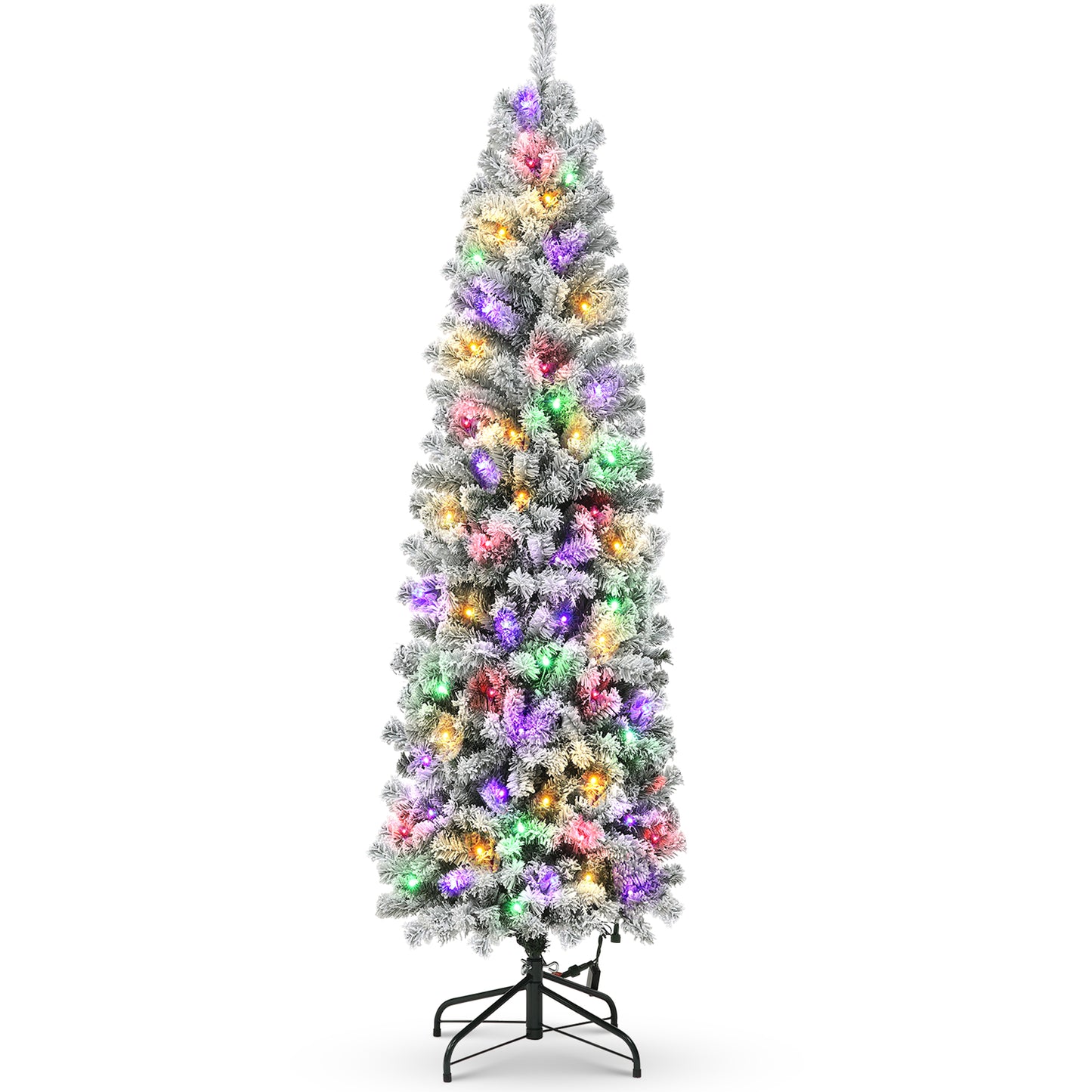 7ft Pre-Lit Artificial Pencil Christmas Tree,Snow Flocked Slim Skinny Xmas Tree Holiday Decoration with 250 Warm White & Multicolor Lights