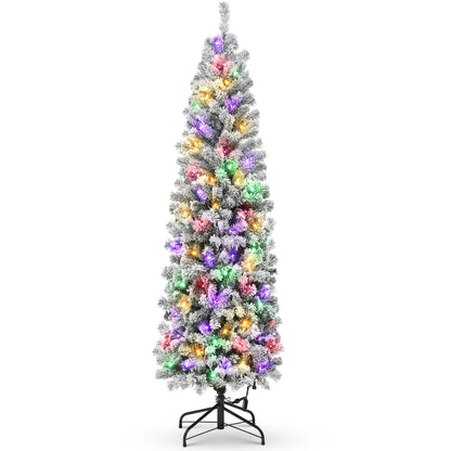 7ft Pre-Lit Artificial Pencil Christmas Tree,Snow Flocked Slim Skinny Xmas Tree Holiday Decoration with 250 Warm White & Multicolor Lights