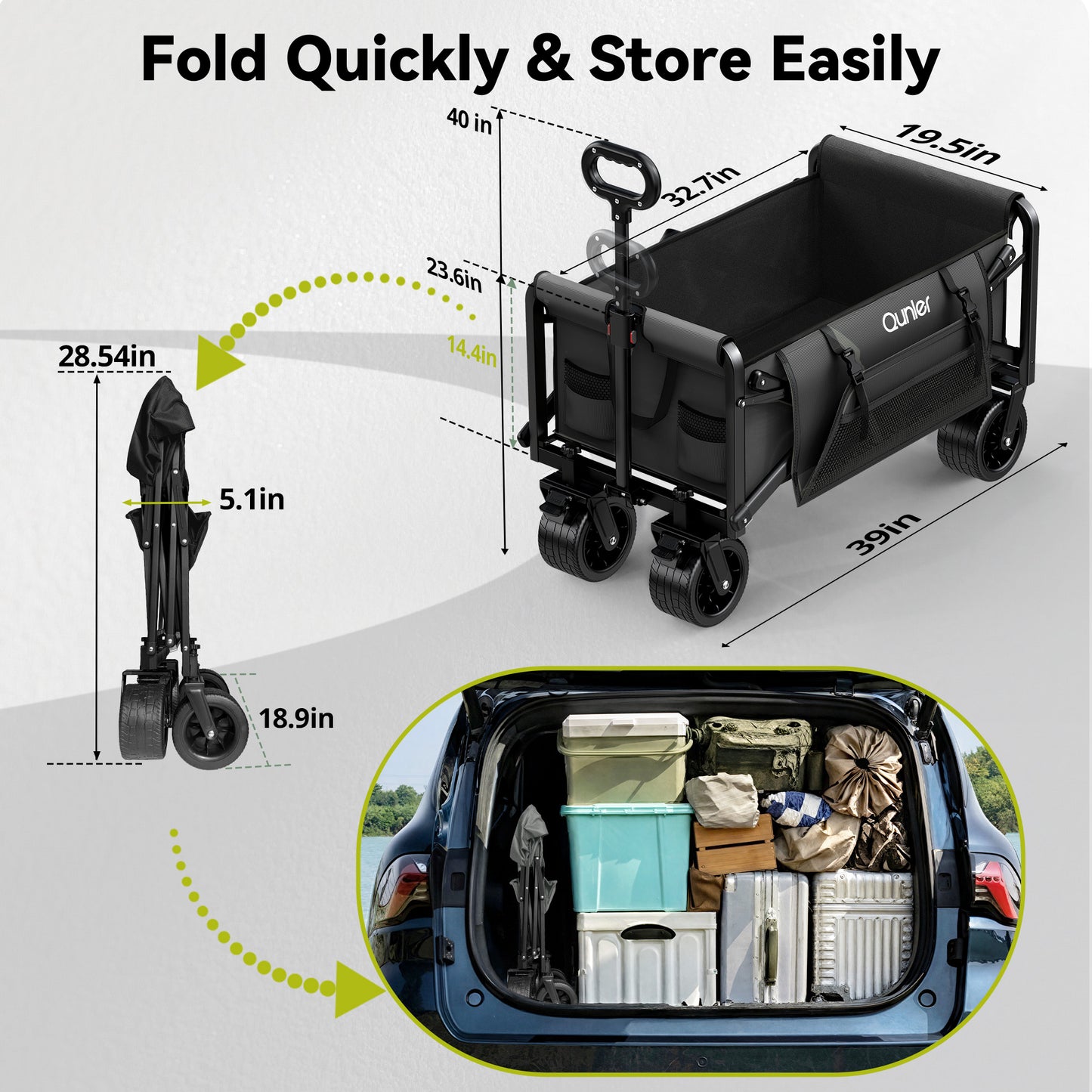 Qunler 560lbs Large Collapsible Folding Wagon with Oversized Tank Wheels, Heavy Duty Big Bucket Utility Garden Cart with Side Pocket for Sports, Shopping, Camping, Kids, Black