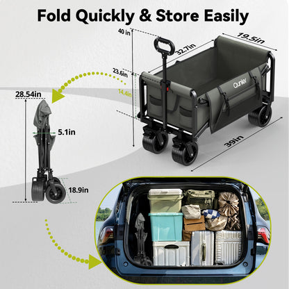 Qunler Collapsible Wagon Cart Foldable with Side Pocket, 560lbs Folding Utility Wagon with Tank Wheels for Camping, Shopping, Grocery, Garden, Grey