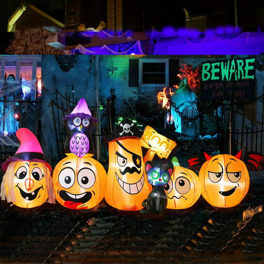 8FT Long Halloween Inflatables Outdoor Decorations Pumpkin, Build-in LEDs Family Halloween Pumpkin with Pirate Bat Penguin Witch's Cat Blow Up for Lawn Garden Yard Party Indoor Outdoor Halloween Decor