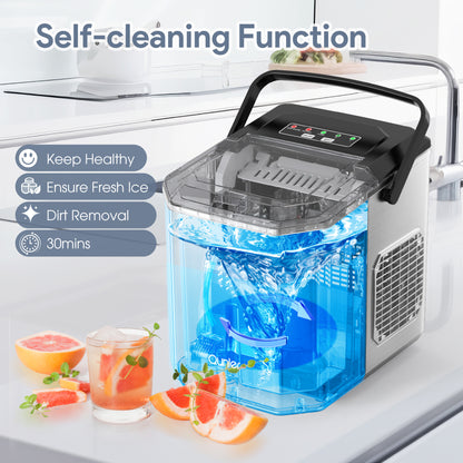 Qunler Ice Maker Countertop, 2 Sizes 9 Bullet Ice Cubes in 6 Mins, 26lbs/24Hrs, Self Cleaning Pebble Ice Machine with Scoop, Small Portable Ice Cube Maker for Home, Kitchen, Camping