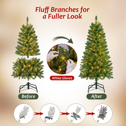 Pre-Lit Christmas Tree, 4ft Artificial Green Christmas Tree with 150 Warm White & Multicolor 10 Modes LED Lights, 360 Lifelike Branch Tips, Metal Stand