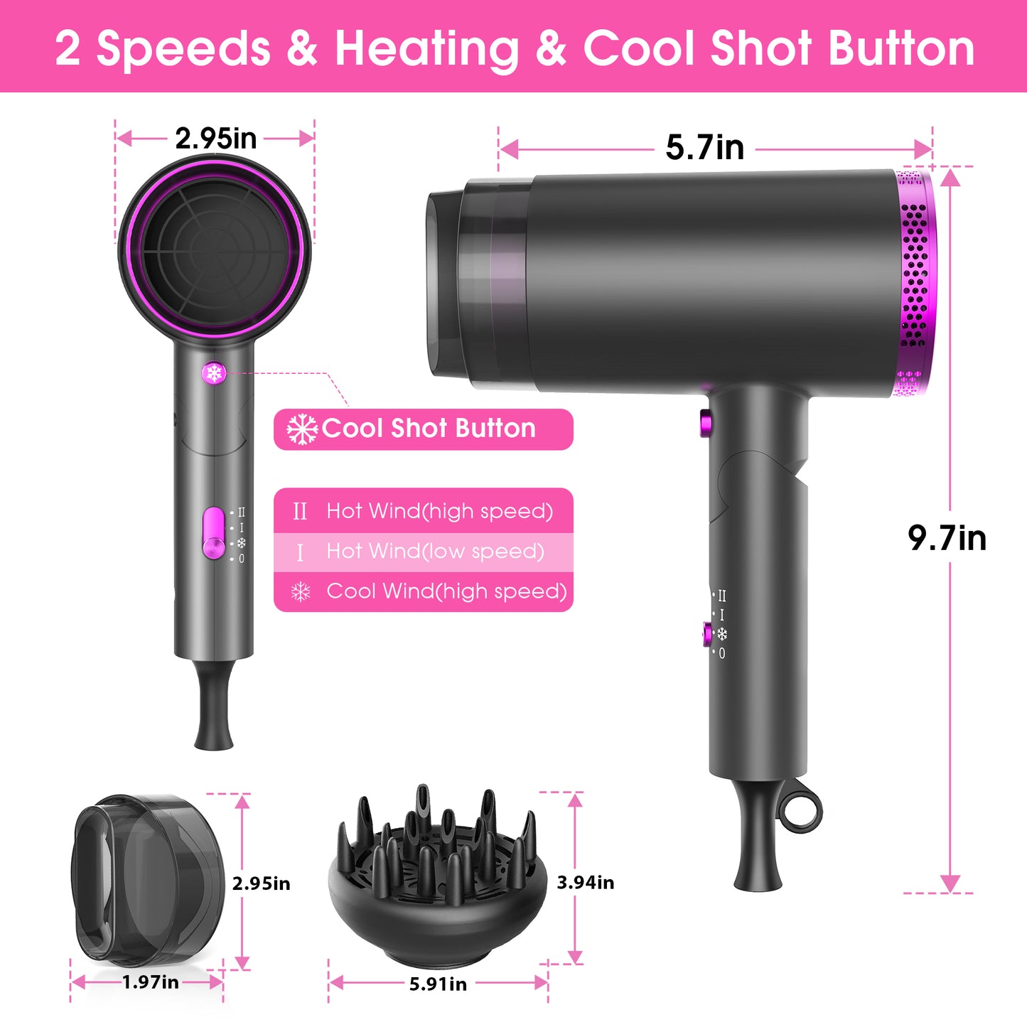 2000W Hair Dryer,Professional Ionic Hair Blow Dryers with 3 Heat Settings,2 Speed, Cool Settings,Fast Drying Blow Dryer for Home,Travel,Salon and Hotel