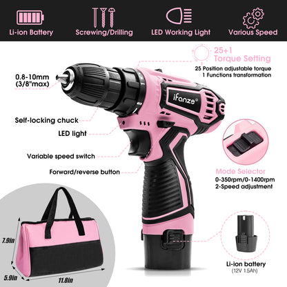 12V Cordless Drill, 2 Variable Speed Electric Power Screw Gun Set with 32 Accessories Multi-function Household Rechargeable Hand Cordless Screwdriver