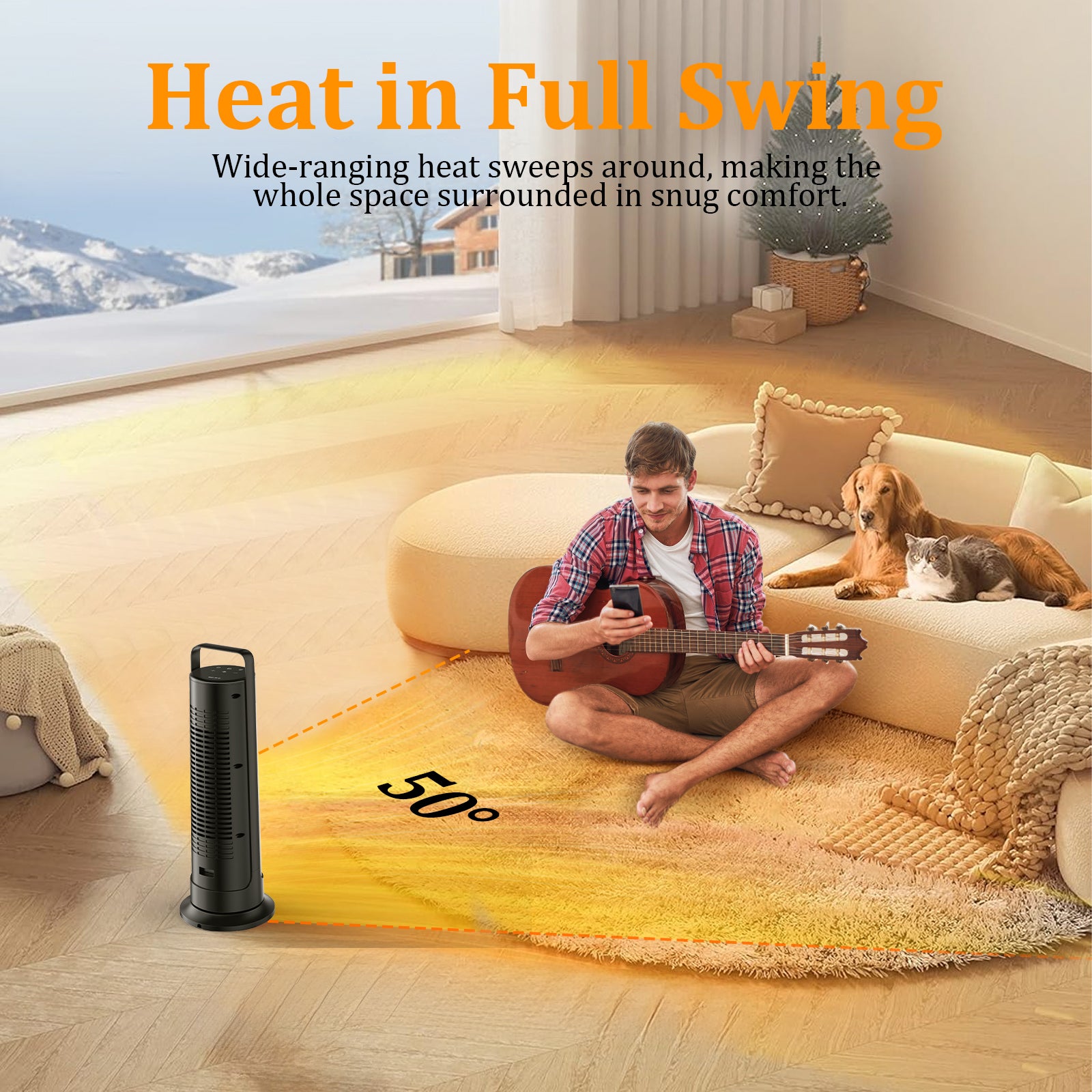 21" Space Heaters for Indoor Use, 1500W Fast Heating 50° Oscillating Portable Electric PTC Ceramic Heater, with Thermostat, Overheat Protection, 12H Timer, 3 Modes, Black