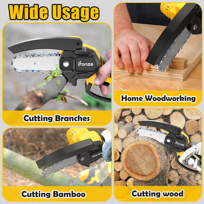 4 inch Mini Chainsaw with 2 Battery, Portable Cordless Lightweight Handled Chain Saws for Wood Cutting Tree Trimming - Black