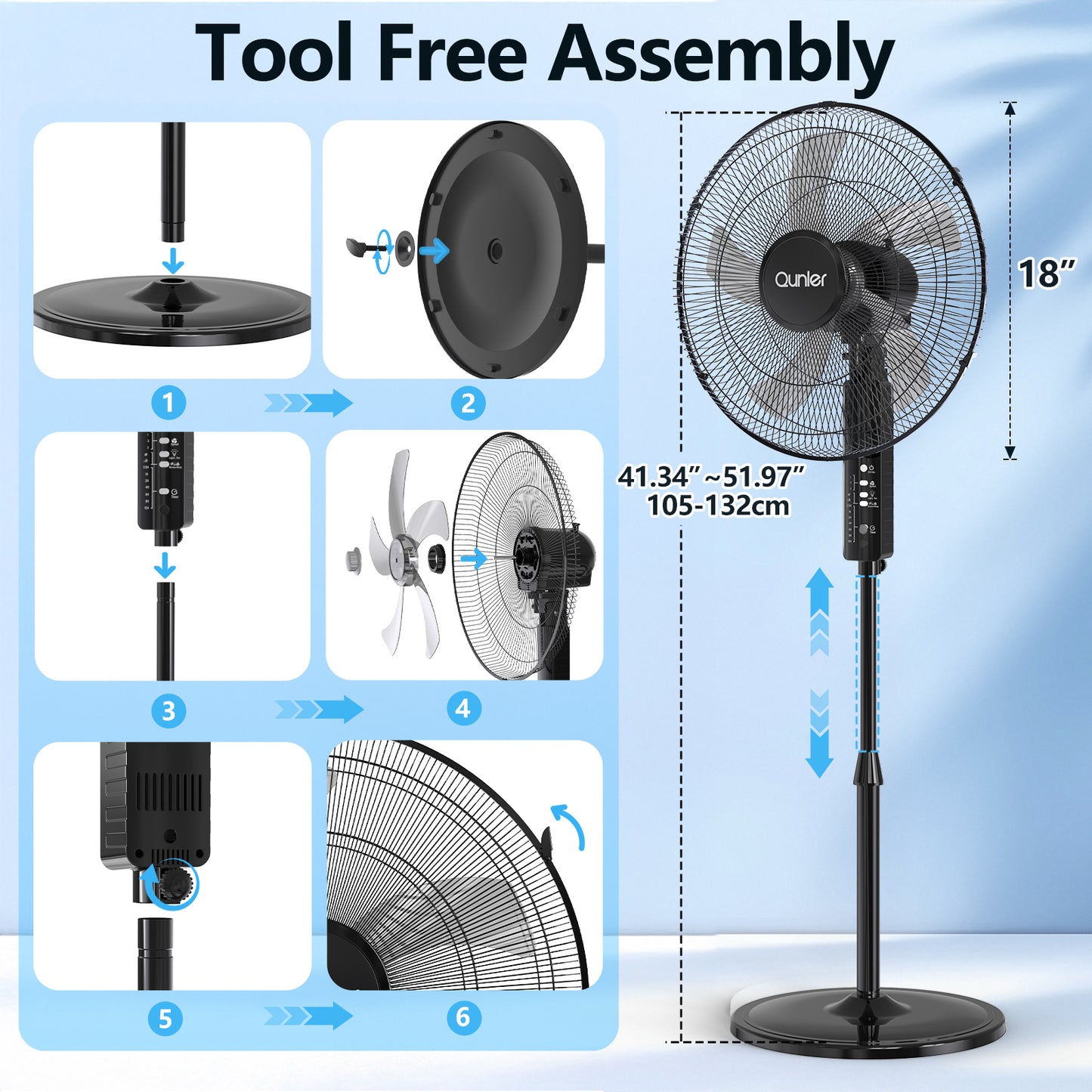 Qunler 18" Oscillating 3-Speed Pedestal Fan with Remote and Timer, Adjustable Quiet Stand Up Fan for Home and Bedroom, Black