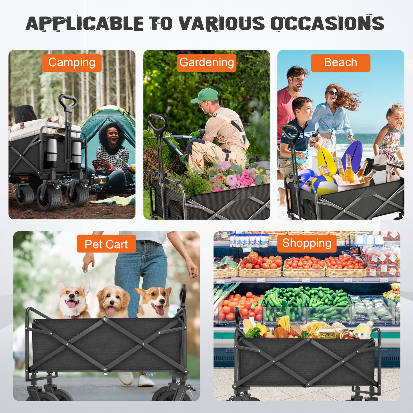 Large Collapsible Folding Wagon, 440 lbs Heavy Duty Big Bucket Utility Garden Cart with Oversized Wheels for Sports, Shopping, Camping, Black