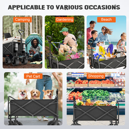 Large Collapsible Folding Wagon, 440 lbs Heavy Duty Big Bucket Utility Garden Cart with Oversized Wheels for Sports, Shopping, Camping, Black