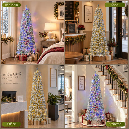 6ft Pre-Lit Snow Flocked Pencil Christmas Tree, Artificial Slim Xmas Tree with Warm White & 10 Modes Multicolor Lights for Holiday Decor