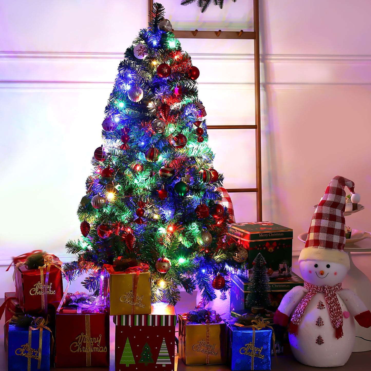 Qunler Pre-Lit Christmas Tree, 4ft Artificial Green Xmas Tree with Multi-colored 150 LED Lights & Metal Stand, 360 Lifelike Branch Tips