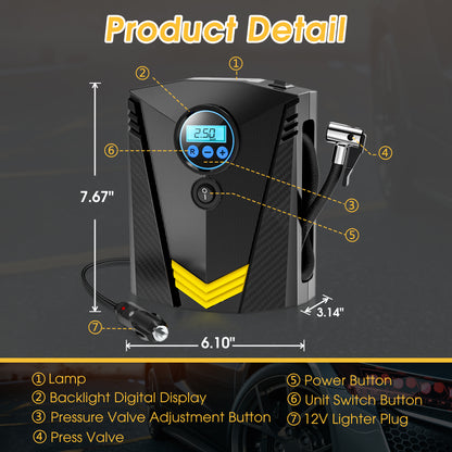Tire Inflator, Portable Air Compressor for Car, Auto Air Pump with LED Light 12V DC, 150PSI Tire Pump Electric Air Pump for Car, Bicycle, Motorcycle,Bikes,Balls,Balloons, Black