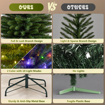 7ft Pre-Lit Pencil Christmas Tree, 663 Tip Artificial Xmas Tree with 250 Dual-Color LEDs, 10 Lighting Modes, Metal Stand, Green