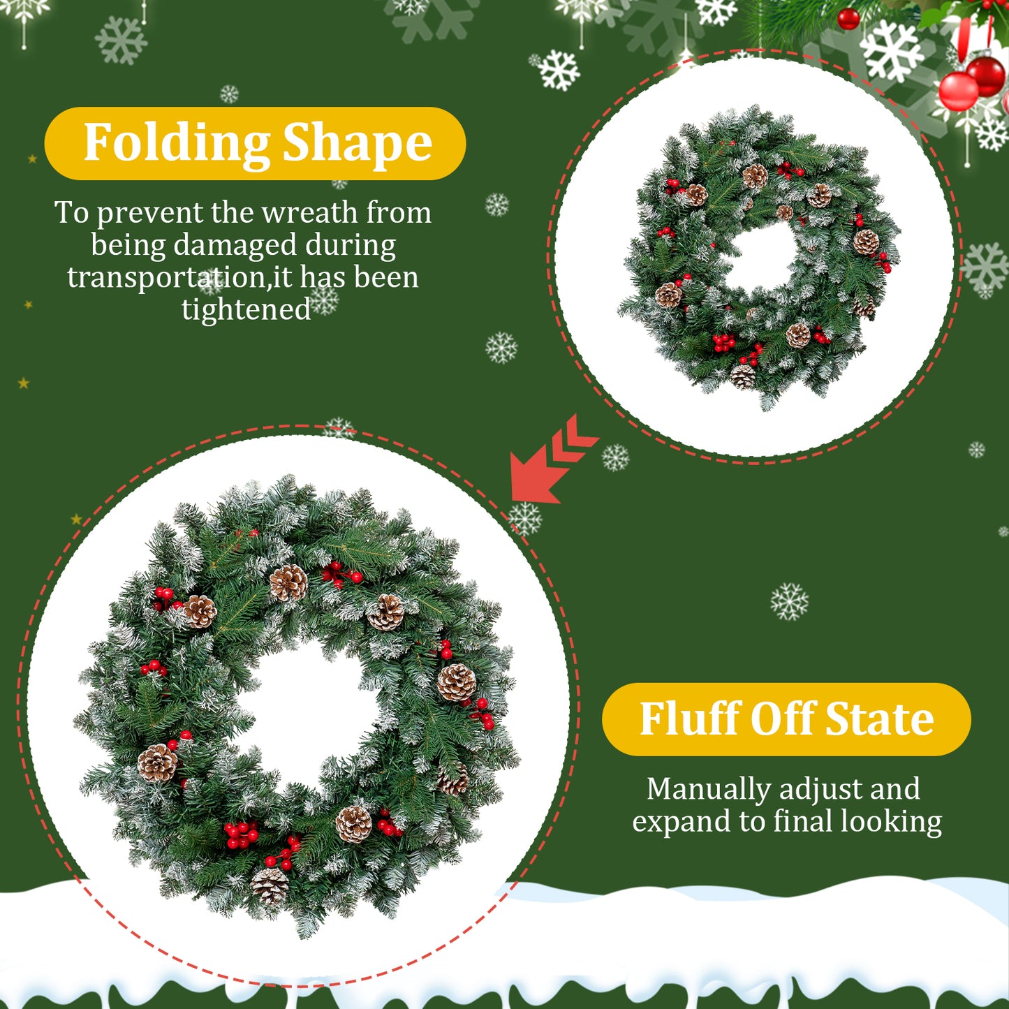 24" Pre-Lit Christmas Wreaths, Outdoor Lighted Christmas Wreath for Front Door, Christmas Red Berries, Pine Cones Wreath, Xmas Wreath Decor for Window Fireplace Indoor, Green