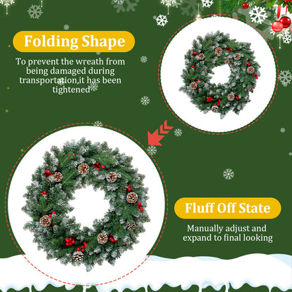 24" Pre-Lit Christmas Wreaths, Outdoor Lighted Christmas Wreath for Front Door, Christmas Red Berries, Pine Cones Wreath, Xmas Wreath Decor for Window Fireplace Indoor, Green