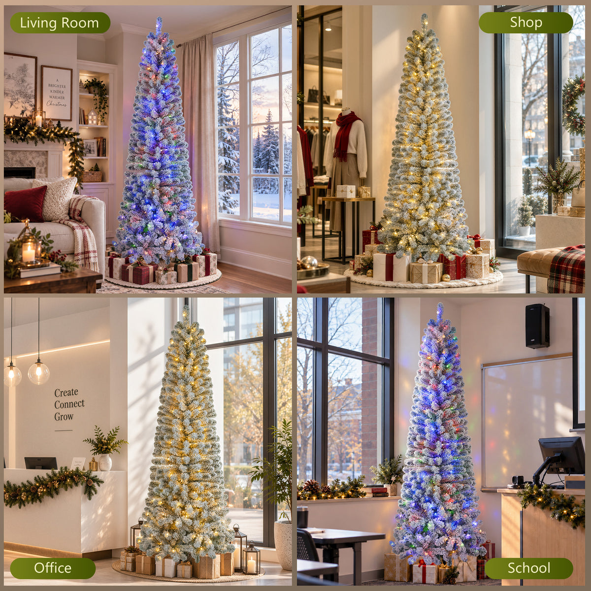 7ft Pre-Lit Snow Flocked Pencil Christmas Tree Hinged Slim Skinny Corner Xmas Tree with 300 Warm & Multicolor Lights & 640 Snow Branch Tips