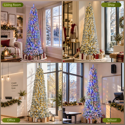 7ft Pre-Lit Snow Flocked Pencil Christmas Tree Hinged Slim Skinny Corner Xmas Tree with 300 Warm & Multicolor Lights & 640 Snow Branch Tips