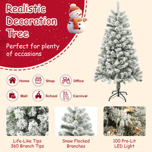 Qunler 4FT Pre-Lit Flocked Christmas Tree with 360 Branch Tips, Snow Artificial Xmas Tree with 120 LED Lights for Holiday, Outdoor, Indoor, Home