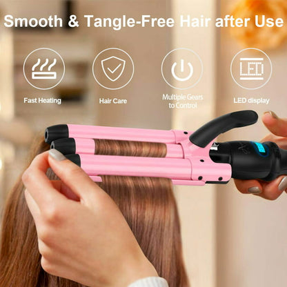 3 Barrel Curling Iron Wand with LCD Temp Display, 28mm Hair Waver Iron, Pink