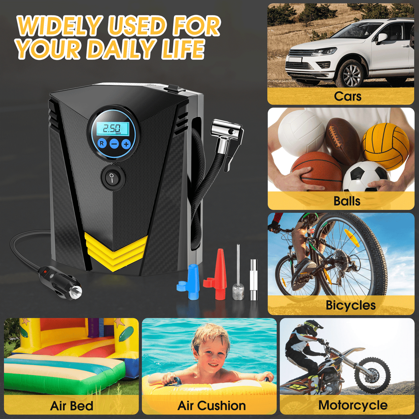 Tire Inflator, Portable Air Compressor for Car, Auto Air Pump with LED Light 12V DC, 150PSI Tire Pump Electric Air Pump for Car, Bicycle, Motorcycle,Bikes,Balls,Balloons, Black
