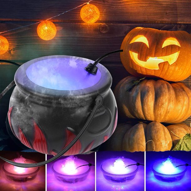 Melliful Halloween Witch Cauldron with Mist Maker,Witch Jar Atomizer Lamp Punch Bowl with 12 LED Light Color Change Fogger Mini Candy Cauldron Decor ,Black