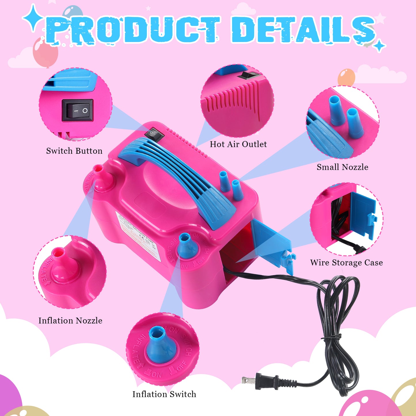iFanze Balloon Pump, Dual Nozzle Balloon Inflator pump, 600W 110V Portable Air balloon pump for all Balloon Arch Party Birthday Decoration, Rose Red