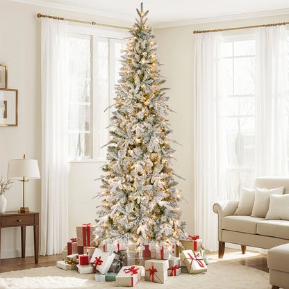 Qunler 9ft Pre-Lit Snow Flocked Artificial PE+PVC Christmas Tree with 450 Warm White 8 Modes LED Lights, Green